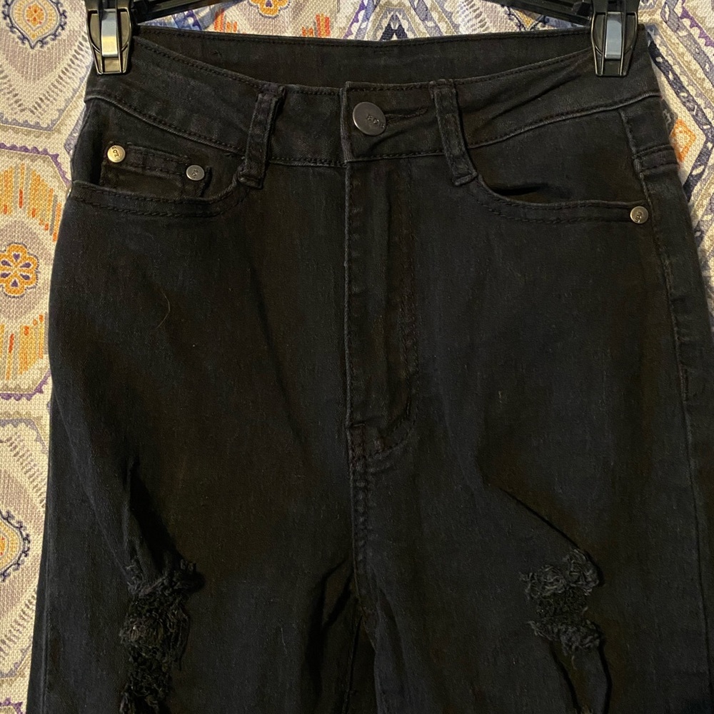 high rise black distressed skinny jeans